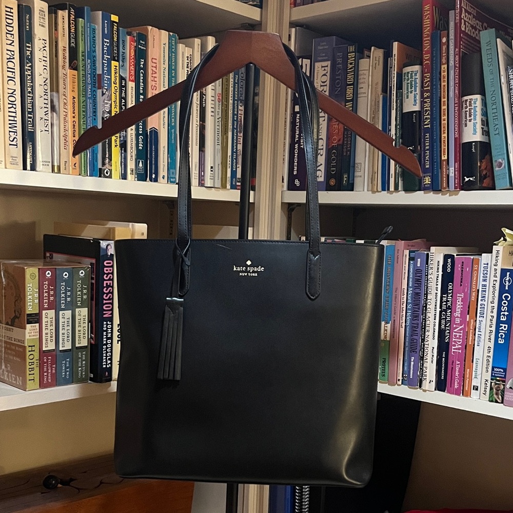 kate spade black leather tote with tassel